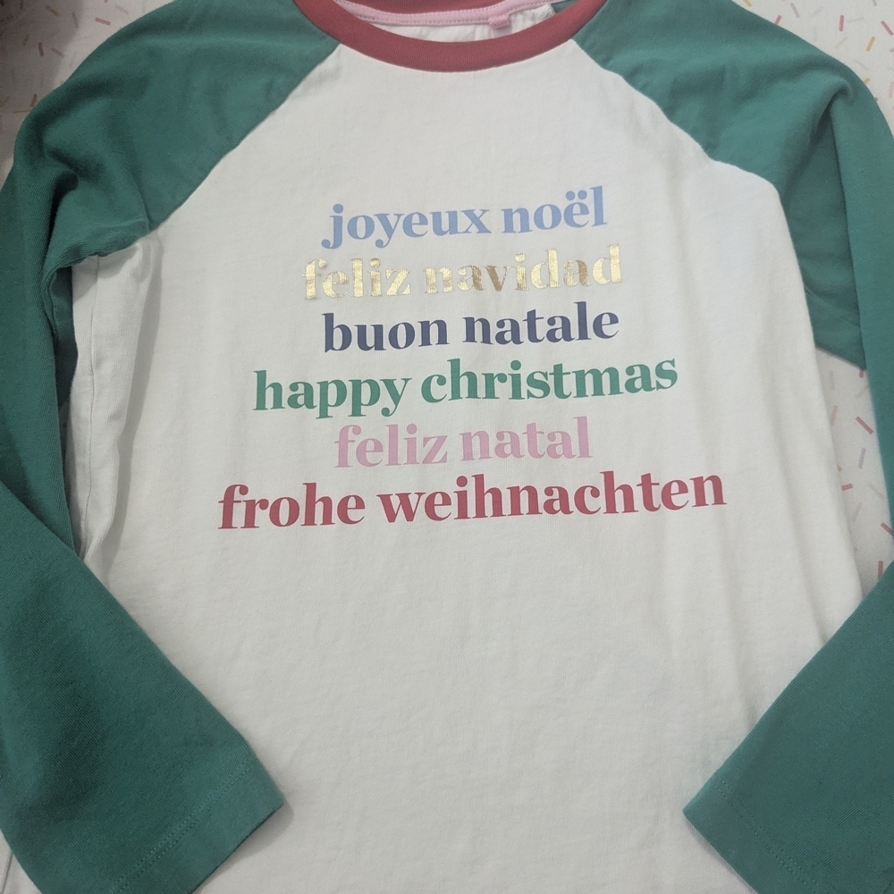 Boden Festive Multilingual Holiday Shirt - Green and White